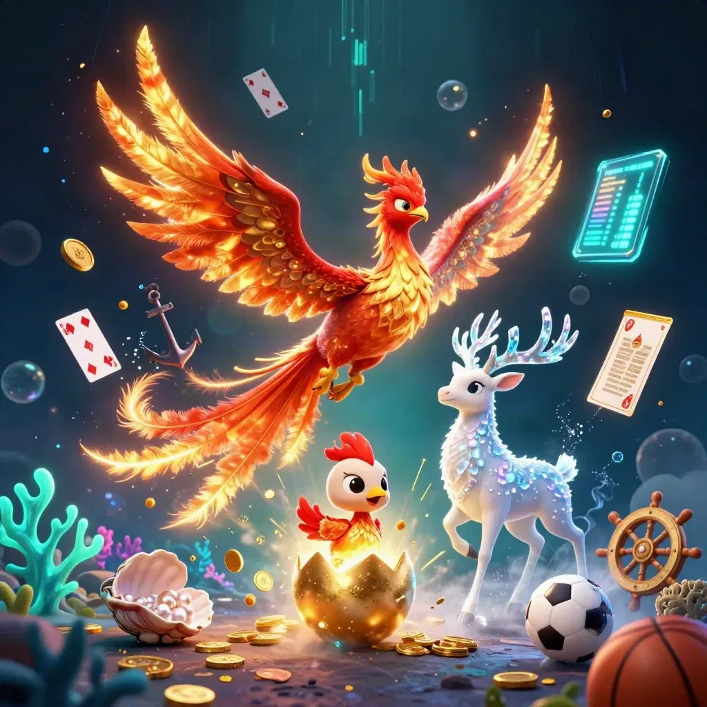Phoenix trio amid casino loot and neon energy, with balls, coins, coral, and a dark navy backdrop.