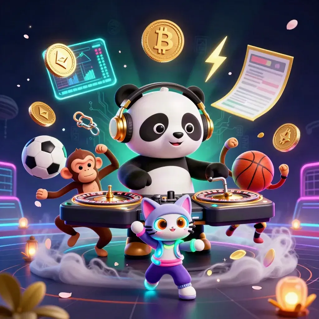 3D panda DJ, monkey, and glow-cat amid neon coins, sports balls, fog, and a futuristic grid.