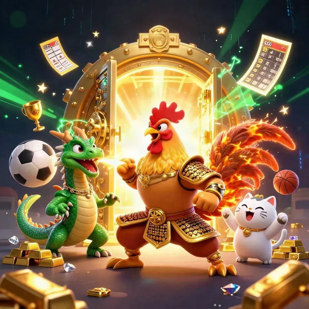 Rooster warrior, dragon hatchling, and fortune-cat amid a bursting gold vault and casino treasures.