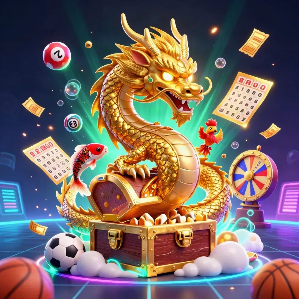 Golden dragon with phoenix, koi, lottery balls, prize wheel and sports icons on a neon casino backdrop
