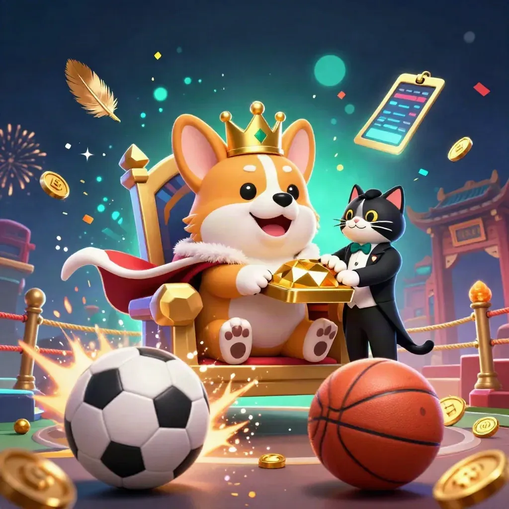 Royal corgi and cat butler on chips, with balls, coins, banners, sparks, and neon casino lighting.