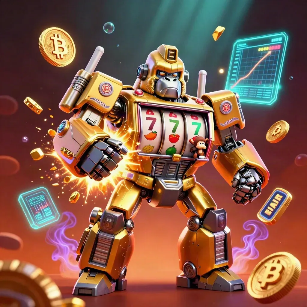 Golden gorilla slot-mech with tiny monkey pilot, neon coins, embers and glowing jackpot energy.