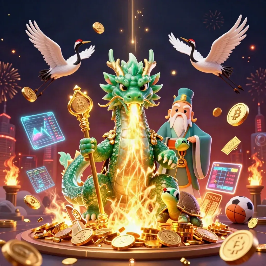 Jade dragon, turtle sage, cranes, coins, crypto, and casino fireworks in a premium splash scene