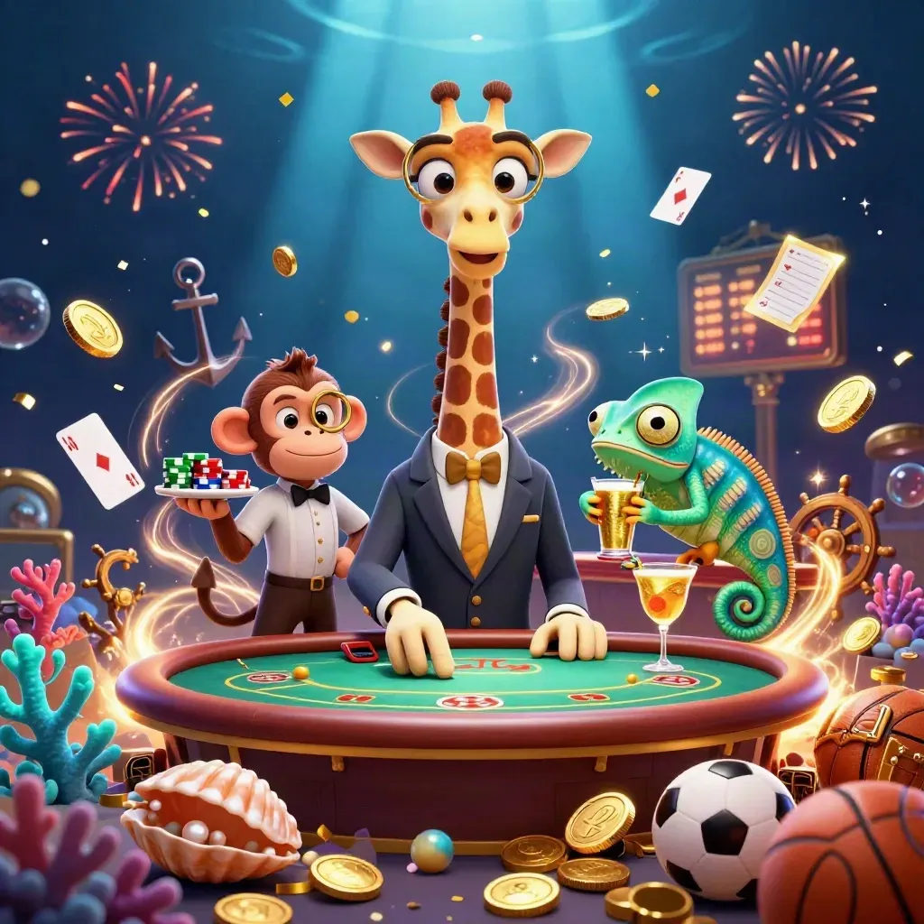 Giraffe, monkey, and chameleon celebrate amid coins, treasure, coral, and neon casino effects.