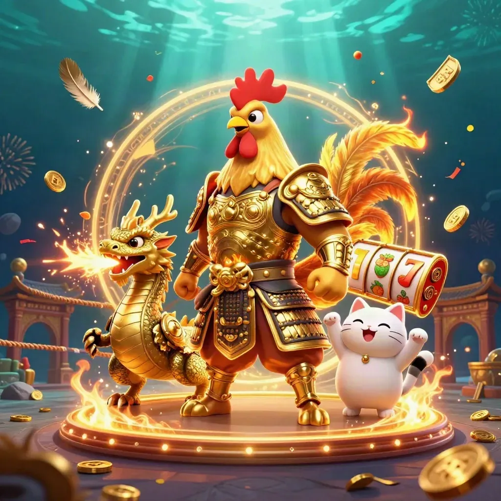 Rooster samurai, spark-breathing dragon hatchling, and lucky cat amid casino flames and coins.