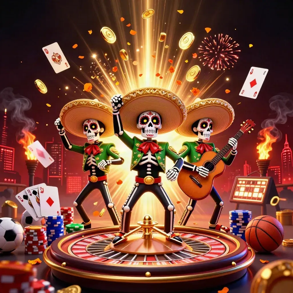 Three sugar-skull mariachi skeletons amid exploding coins, cards, chips, and neon fire.